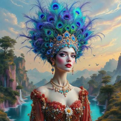 The primary subject of the image is a woman wearing a colorful, feathered headdress and a red dress. She is standing in front of a body of water, which serves as the setting for the scene. The visual style of the image is a combination of photo and digital art, creating a unique and vibrant atmosphere. The colors and mood of the image are predominantly red and purple, with a touch of blue, giving the scene a bold and striking appearance.
